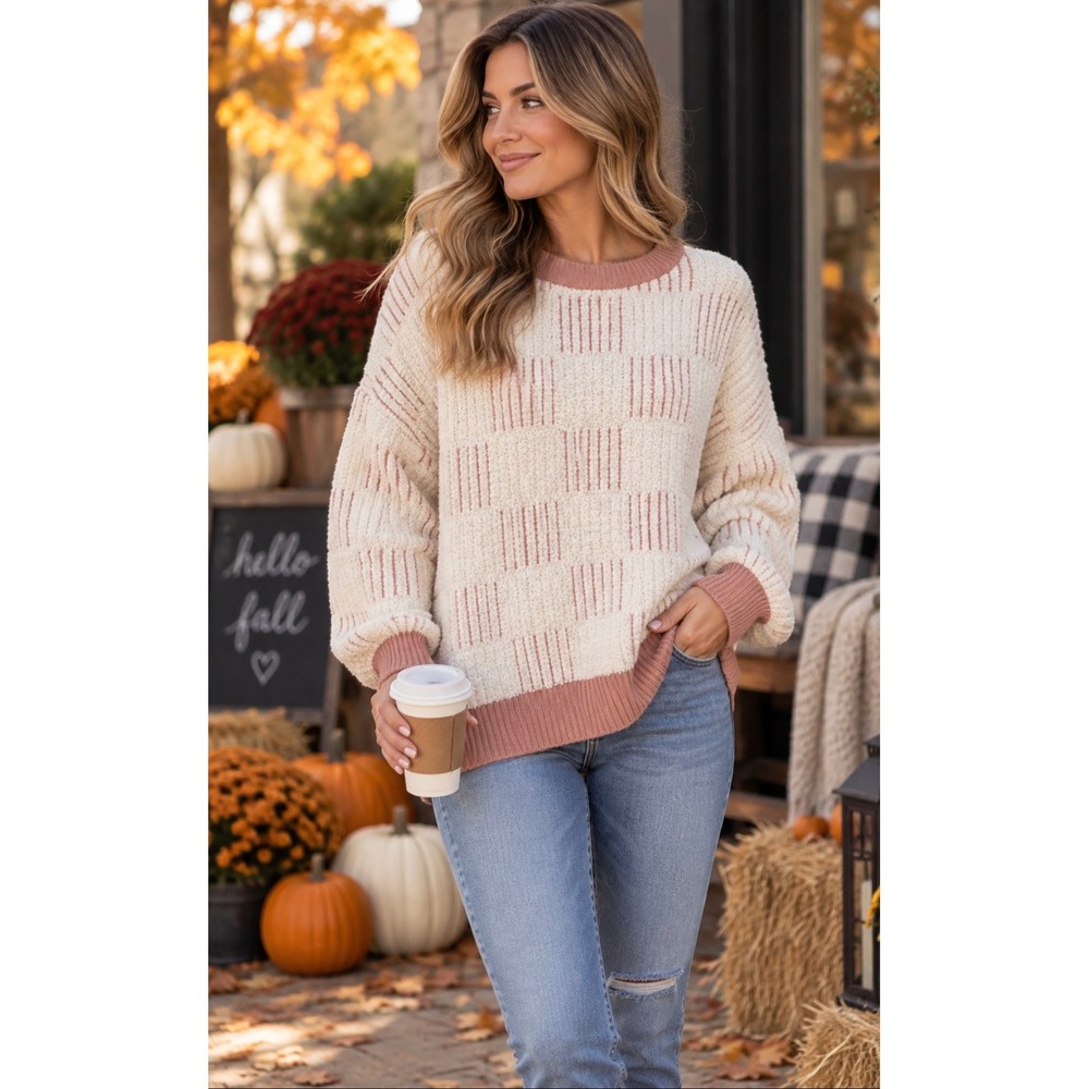 BEARPAW Cream Dusty Rose Checkered Plush Knit Sweater Cozy Pullover